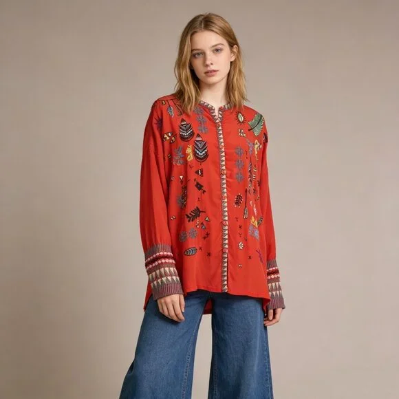 NWOT Johnny Was Biya Reverie Silk Floral Embroidered Red Shirt Blouse Size M - Picture 1 of 13